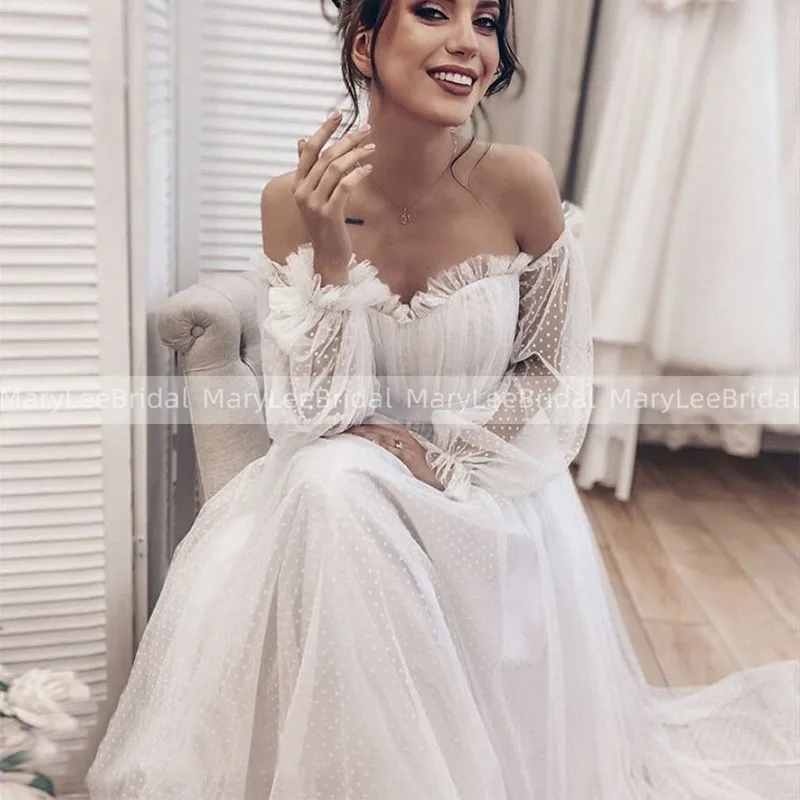 

Бохо свадебное платье с открытыми плечами цвета слоновой кости в горошек платье невесты из тюля с длинными рукавами свадебное платье Vestido De ...