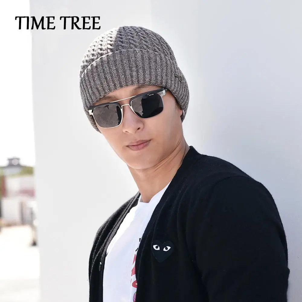 TIME TREE/Модная зимняя шапка мужские шапки 2019 однотонные из плотной шерсти вязаные