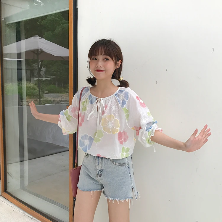 Женские летние блузки Kawaii Ulzzang милая Повседневная Свободная сетчатая блузка с