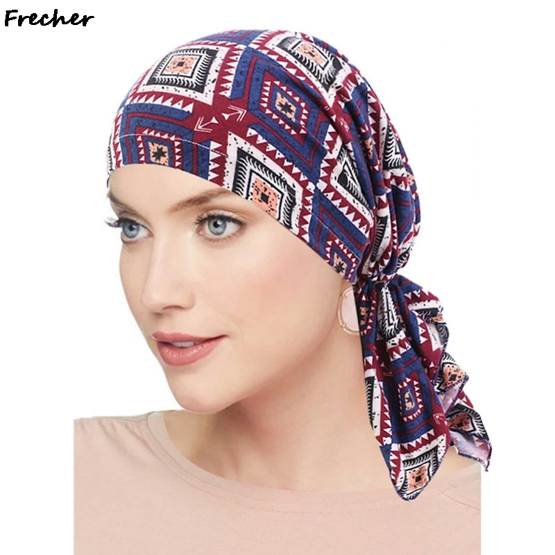 

Women Muslim Hijab Flower Print Turban Hat Cover Chemo Caps Hair Loss Head Scarf Muslim Headwrap Pre-Tied Bandana Turbante Mujer