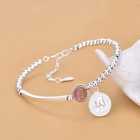 925 sterling silver korean pink crystal round bead charm bracelet bangle for women wedding jewelry party sl112