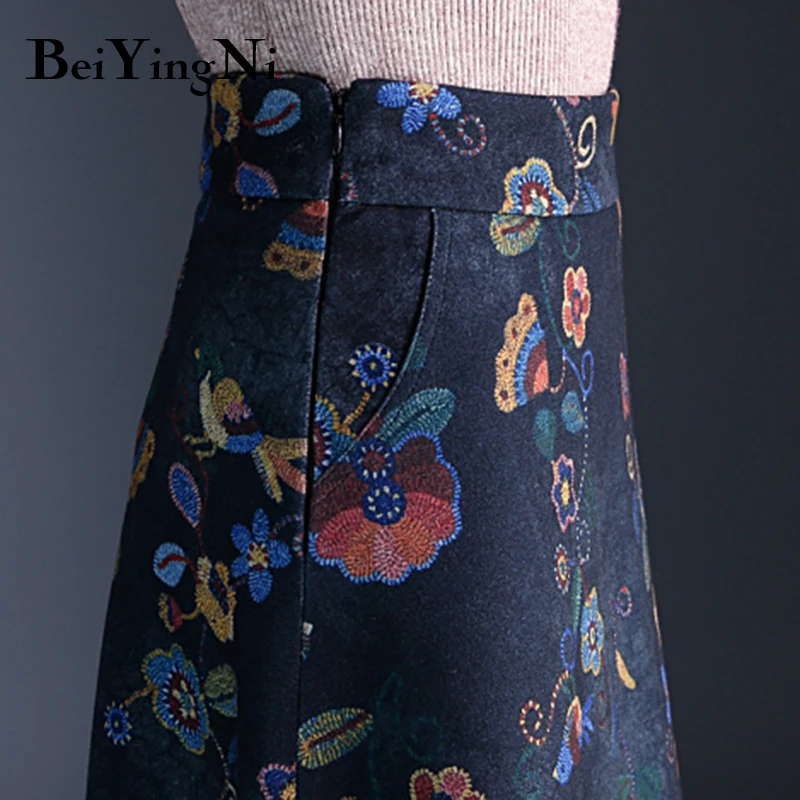 Beiyingni High Waist Skirt Women Plus Size Retro Korean Floral Print Midi Skirts New Arrival S-3XL Elegant Saias Autumn Winter