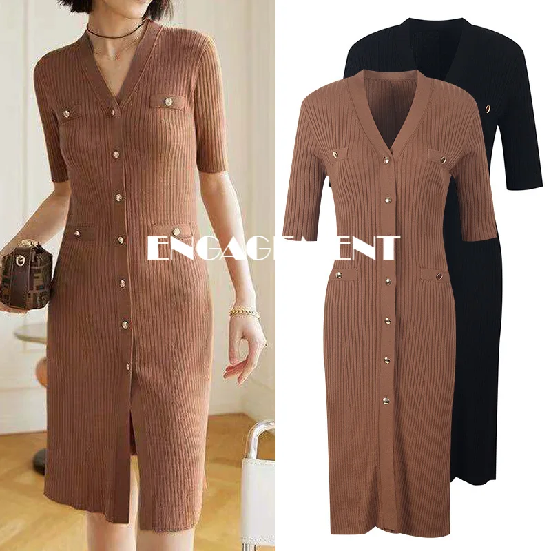 

ENGAGEMENT 2021 Temperament Fashion V-neck Metal Button Dress Summer Single-breasted Waist Slim Short Sleeve Skirt