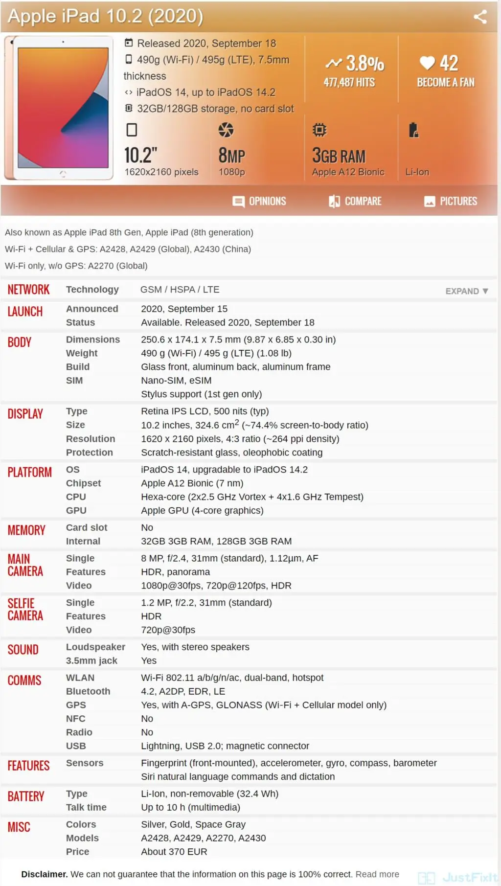 Apple iPad 8th 2020 A12 Bionic Chip 10.2