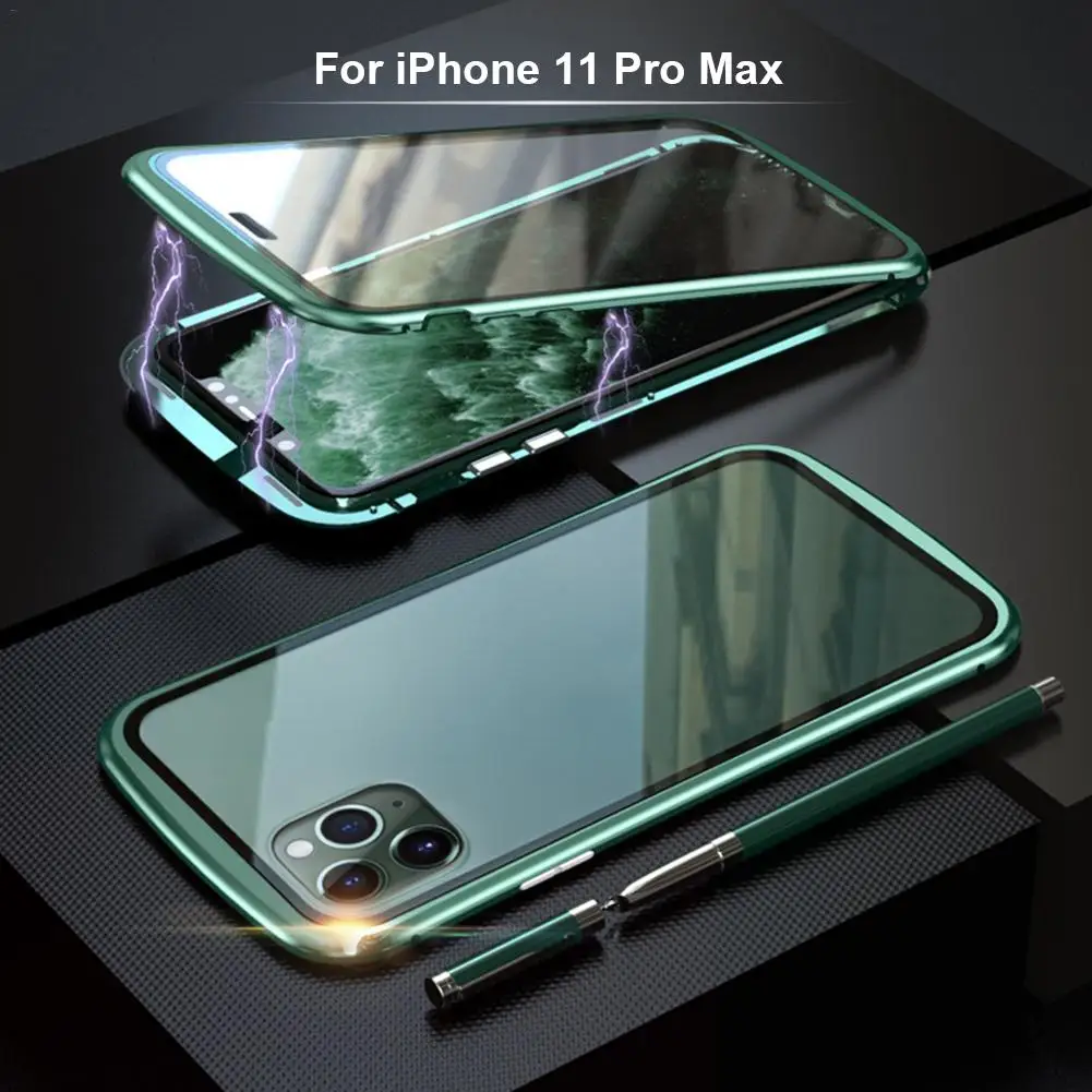 For iPhone 11 Pro Ma Магнитный чехол Адсорбция мобильного телефона металлический каркас двойное закаленное стекло чехол для IPhone 11 Pro Max - Цвет: For iPhone 11 Pro Ma