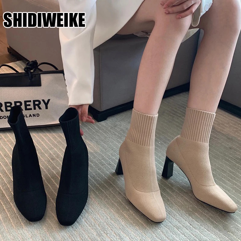 

Women's sexy High Heels socks boots Autumn winter fashion Knitted Stretch boots Women Black apricot Ankle Sock Boots vc1666