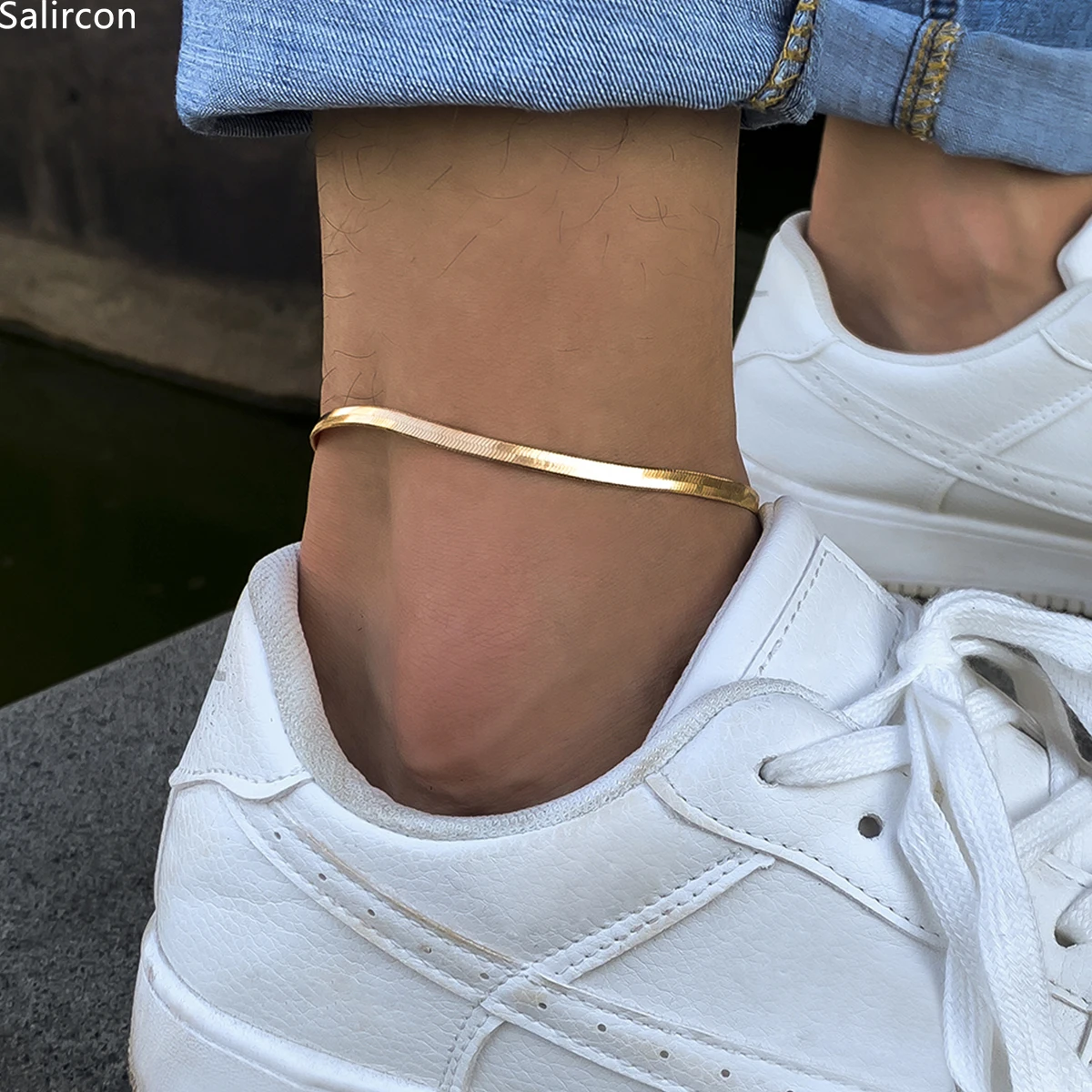 

Gothic Basic Simple Flat Blade Snake Chain Bracelet on the Leg For Men Women Punk Gold Color Copper Anklet Kpop Foot Jewelry