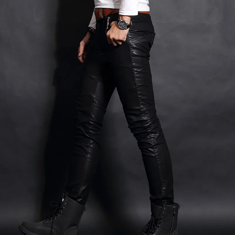 

High Quality Faux Sheepskin Leather Punk Male Trousers Rock Skinny Pants Men Casual Slim Fit Biker Autumn Winter Pantalon Homme
