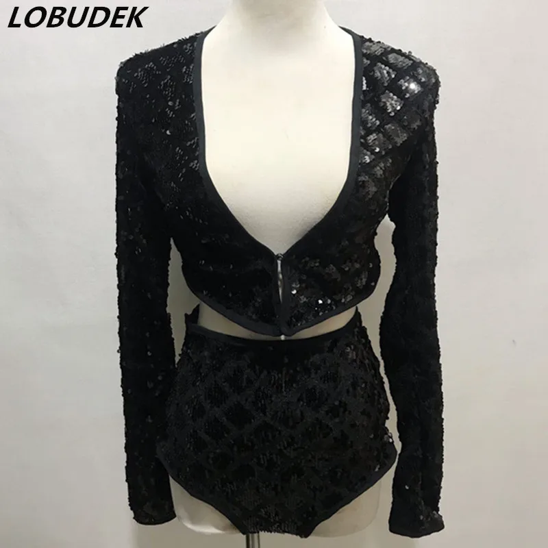 

(Tops+Shorts) 2-Pieces Outfit Black Sequins Women Set Female Dance Team Jazz Costume Nightclub DJ Singer Performance Stage Wear