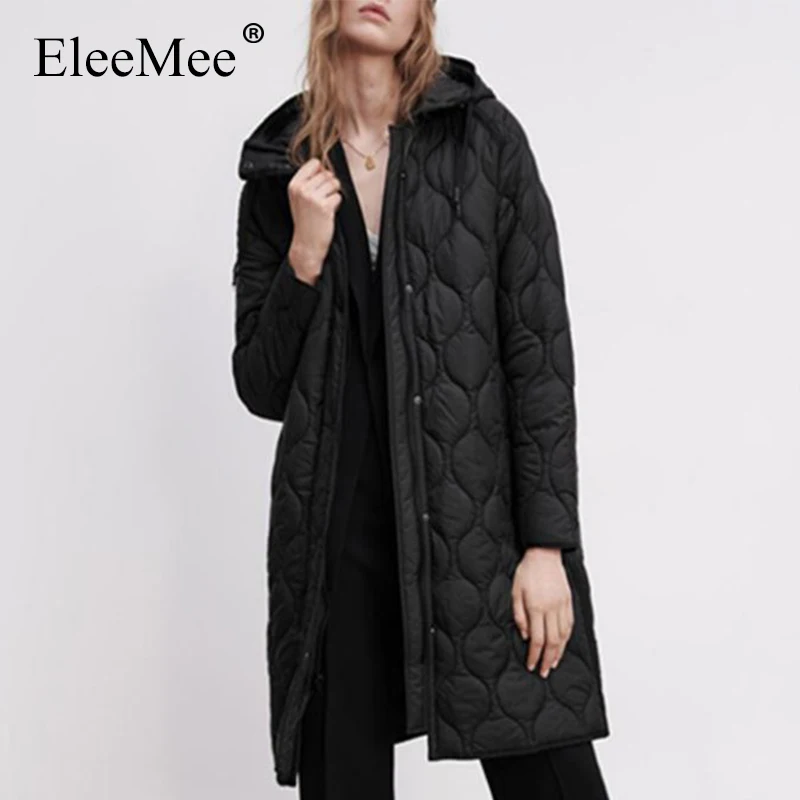 

Женское зимнее пальто EleeMee, новинка 2022, парки с капюшоном, теплая черная Женская длинная куртка на молнии с узором ромбиками, уличный Стильны...