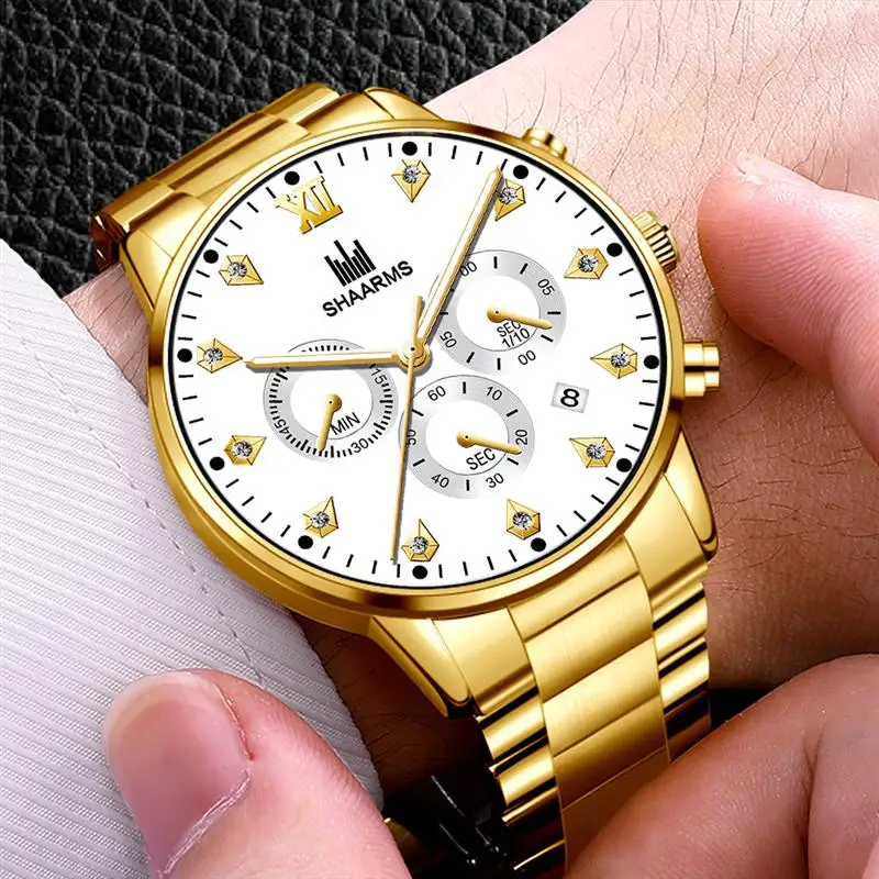 SHAARMS мужские часы золотые черные нержавеющая сталь кварцевые с датой наручные
