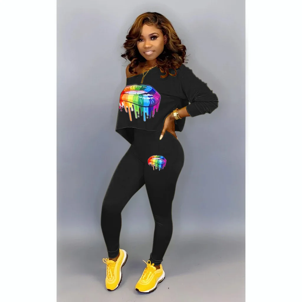 2019 осенне зимний женский комплект с принтом рта укороченный топ брюки карандаш