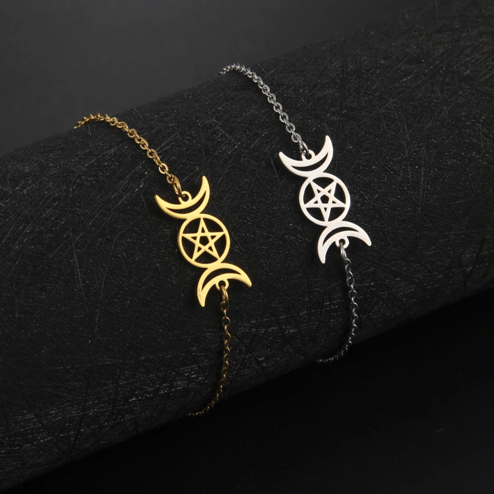Cazador Wicca Magic Pentagram Bracelet for Women Triple Moon Goddess Stainless Steel Amulet Bracelets on Hand Jewelry 2023 Gifts
