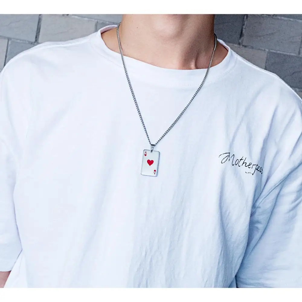 Cool Lucky Poker Ace Hearts Pendant Necklace Men's 316L Stainless Steel Jewelry Boyfriend Card Couple | Украшения и