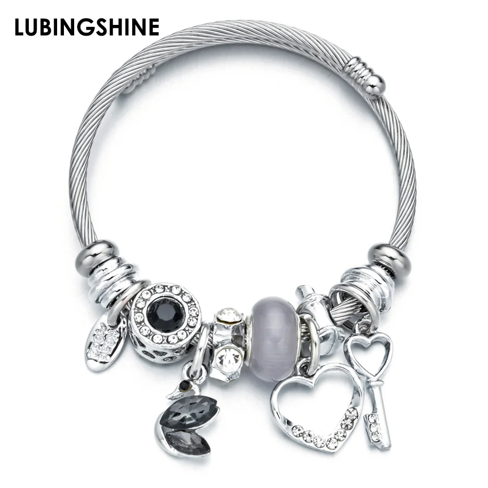 Женский браслет с подвеской в виде лебедя из нержавеющей стали|Браслеты шармами|