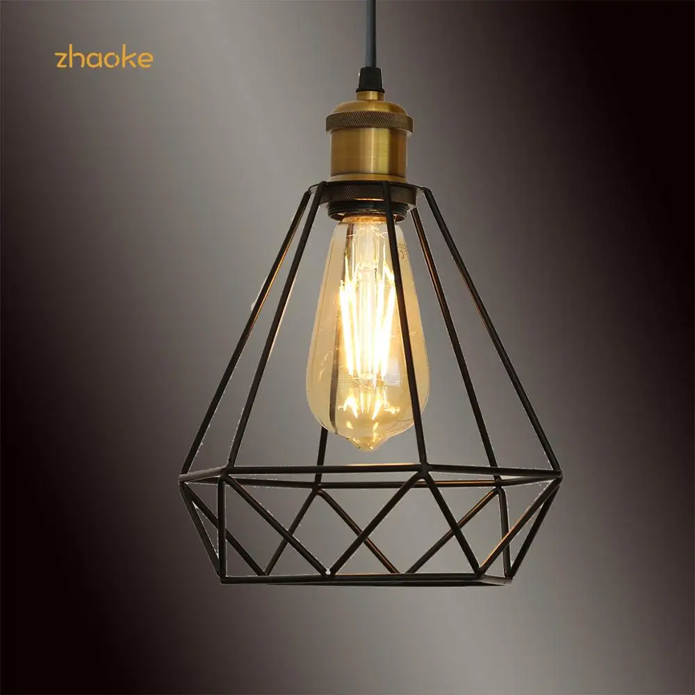 

ZhaoKe Modern Industrial Vintage Cage Pendant Light Iron Art Diamond Pyramid Wrought Home Ceiling Lamp Suitable For E27 Bulbs