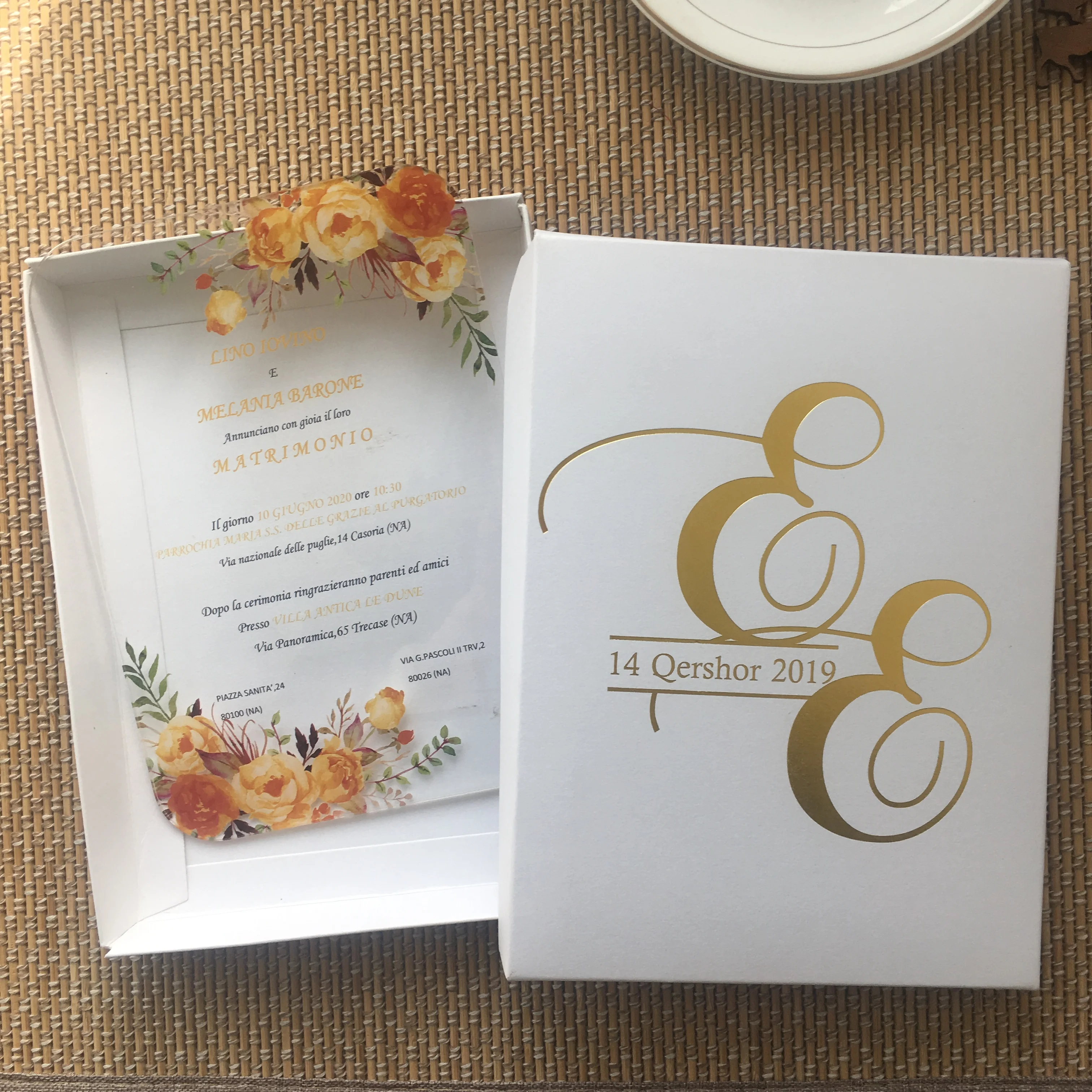 Акриловые свадебные пригласительные открытки 10 шт с желтым золотом цветочным
