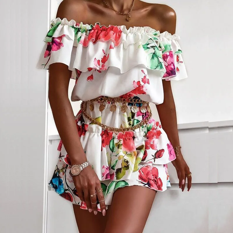 

Summer Women Sexy Off Shoulder Froal Mini Dress Casual Slash Neck Ruffles Femme Beach Dress Ladies Backless Party Dress Vestido