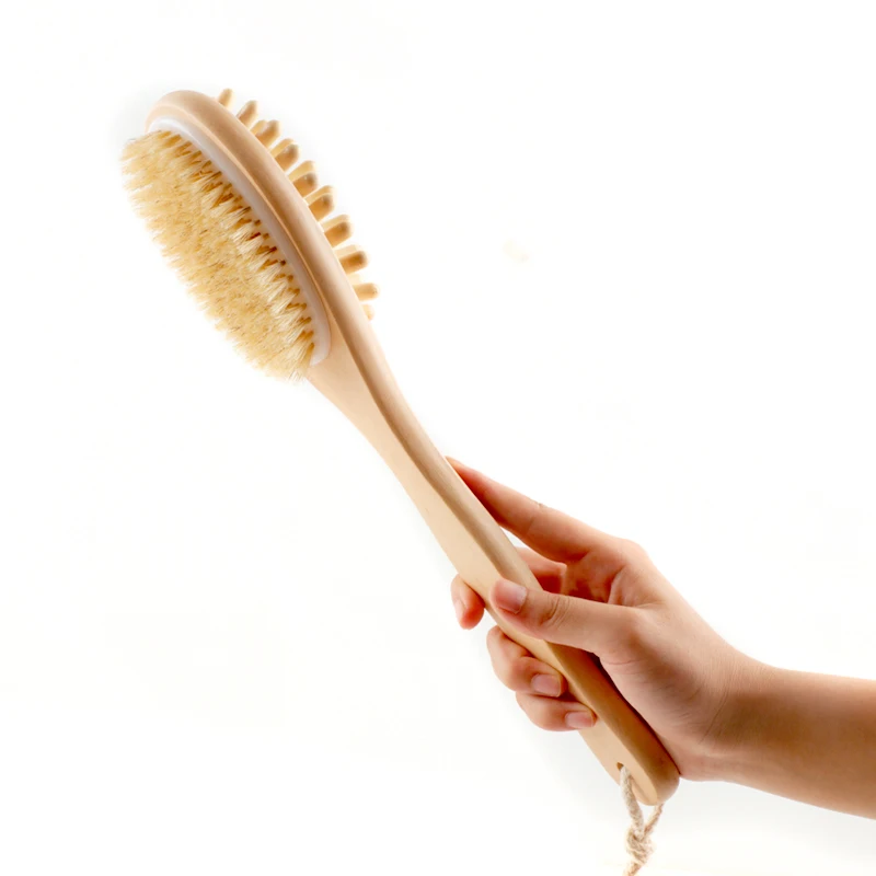 

35cm SPA Shower Brush Bath Body Massage Brushes Back Easy Clean 2-in-1 Sided Natural Bristles Brush Scrubber Long Handle Wooden