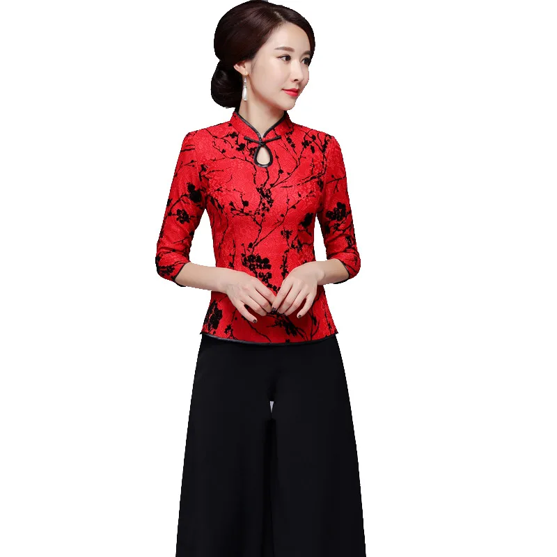 

Fall New Women's Vintage Cheongsam Collar Tang Suit Top Plus Size 4XL Lace Shirts Blouses Elegant Mother Wedding Outerwear