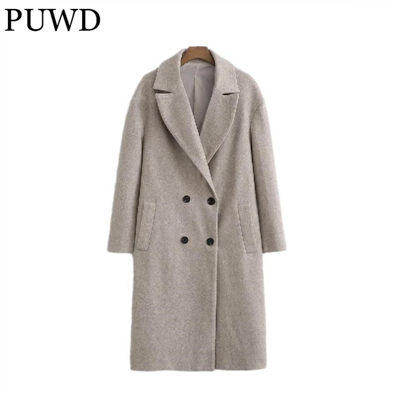 

PUWD Elegant Women V Neck Double Breasted Woolen Coat 2021 Autumn Fashion Ladies Streetwear Long Jacket Female Chic Outwear