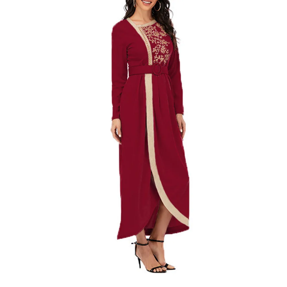 

Beaded Diamond Long Dresses Muslim Women Solid Long Sleeve High Waist Elegant Dubai abaya Kaftan Office Lady Maxi Dress Robe