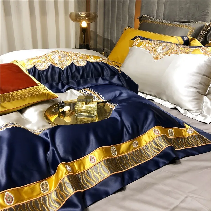 comprar Luxo Ouro Azul Damasco Chique Bordado Conjunto De Cama Algodão Egípcio Cetim Seda Duvet Cover Folha Cama Espalhe Fronha 4/6/11 Pçs
