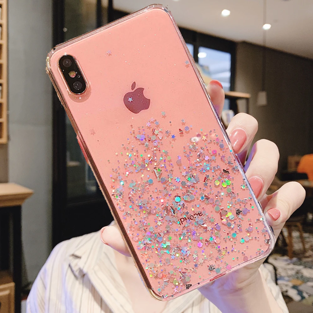Чехол для iphone XR X XS Max 6 6S 7 8 Plus 12 11 Pro SE мягкий прозрачный гелевый из ТПУ с блестками и