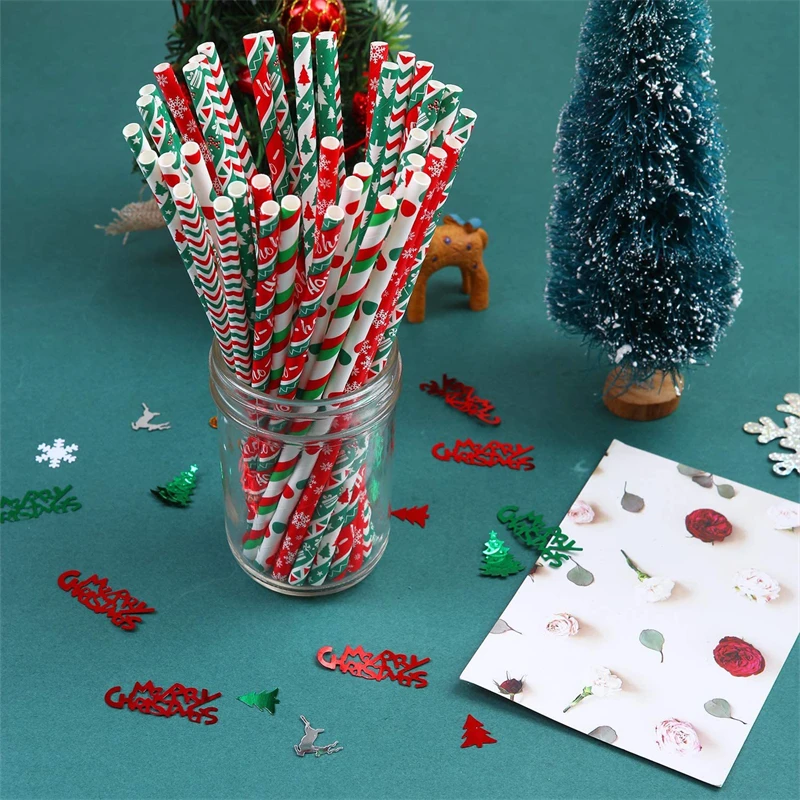 

25Pcs/Set Christmas Paper Straw Snowflake Drinking Straw Merry Christmas Decorations for Home 2022 Xmas New Year Party Supplies