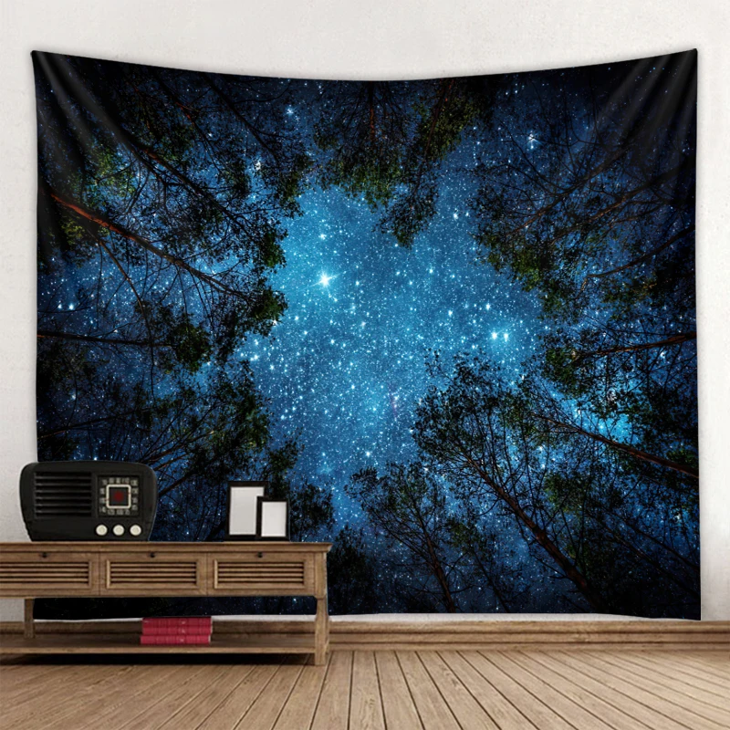 Forest Tapestry Wall Hanging Psychedelic Trees And Stars Fabric Tapestry Home Decor Polyester Table Cover Forest Night Tapestry