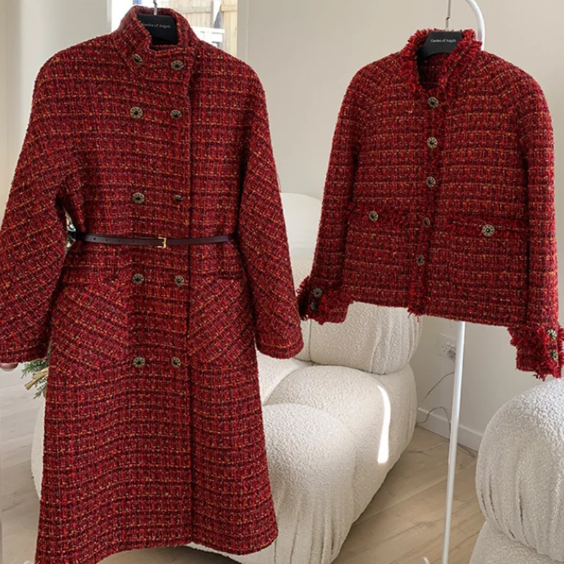 

Женская модная короткая красная Свободная куртка Новые твидовые coat 2021