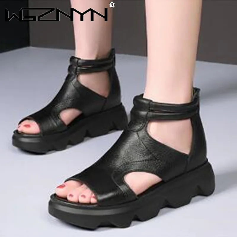 

Summer Female Genuine Leather Sandals Wear-resistant Anti-slip Roman Shoes Retro Platform Thick Bottom Comfortable Wedge Sandals