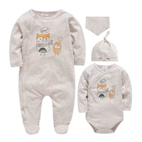 100 organic cotton long sleeve baby clothes sets unisex newborn baby boy girl overall jumpsuit infant pajamas bib hat set