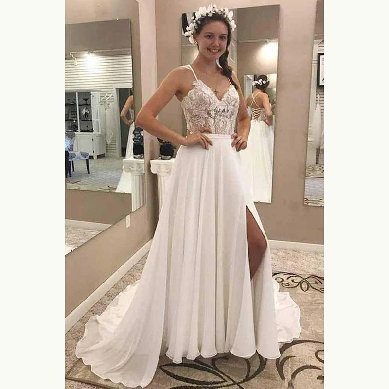 

Modern Summer Sexy High Thigh Split Wedding Dress for Bride Lace Plunge V Neck Bridal Wedding Gowns Criss Cross Back Court Train