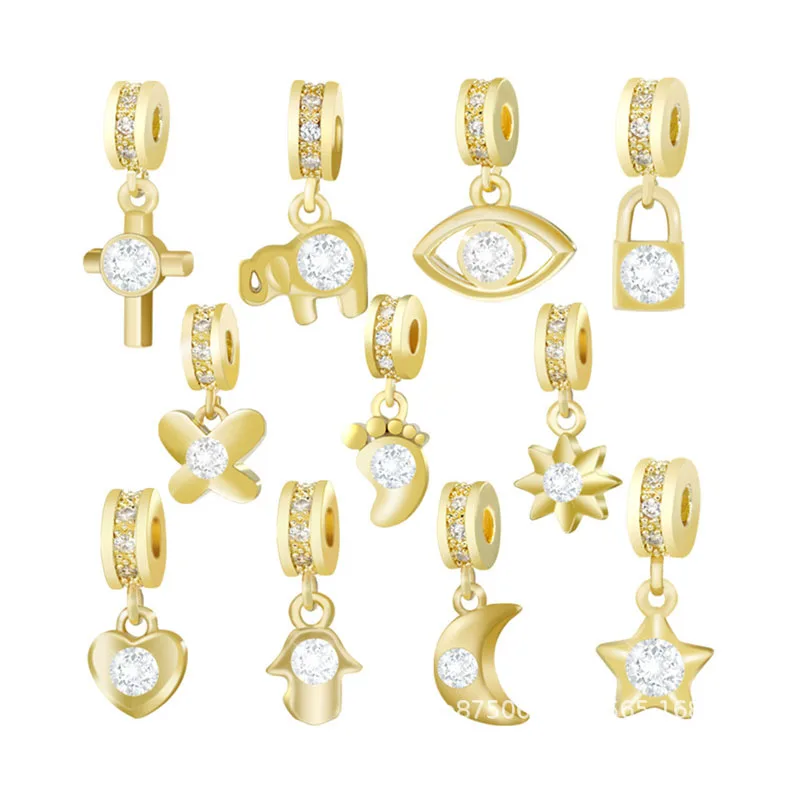 

Gold-plated Copper White Cubic Zirconia Crystal Moon Cross Footprint Star Hamsa Hand Lock Evil EyePendant Jewelry Findings Gift