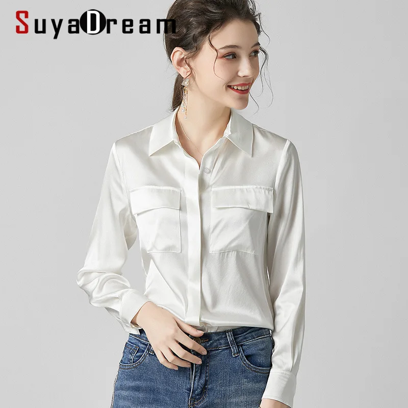 SuyaDream женские белые блузки 100% шелк атлас 2020 весна длинный рукав отложной воротник