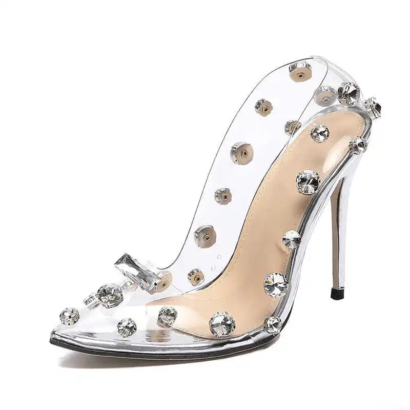 

2021 Design Rivet Crystal Pumps Wedding Women Shoes High Heels PVC Transparent Sexy Night Club Femme Shoes