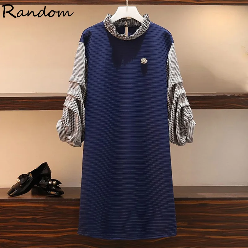 Женское осеннее платье рубашка размера плюс 4XL темно синего цвета в стиле пэчворк