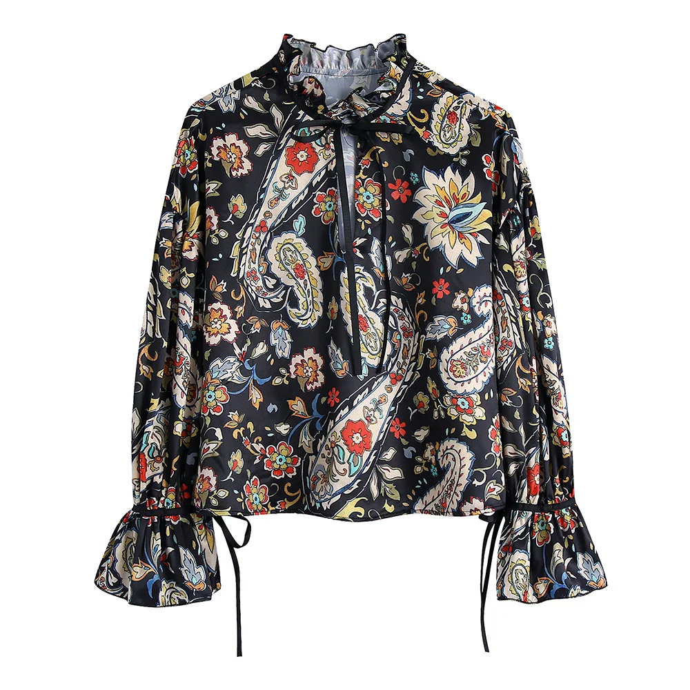 

Tops Women 2022 Boho Clothing Frill Collar Trim Tie Loose Blouses Shirts Bohemian Vintage Paisley Print Blouse Long Sleeve Top