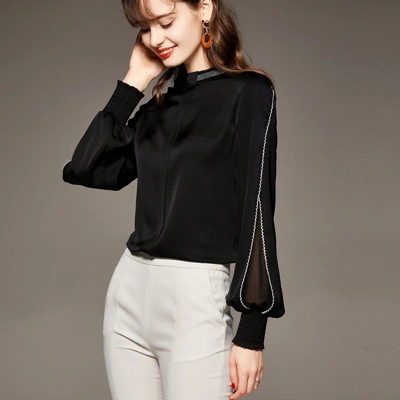 

97% Silk 3% Spandex Women's Shirt Stand Collar Beaded Long Piping Lantern Sleeves Fashion Pullover Blouse Camisa Tops