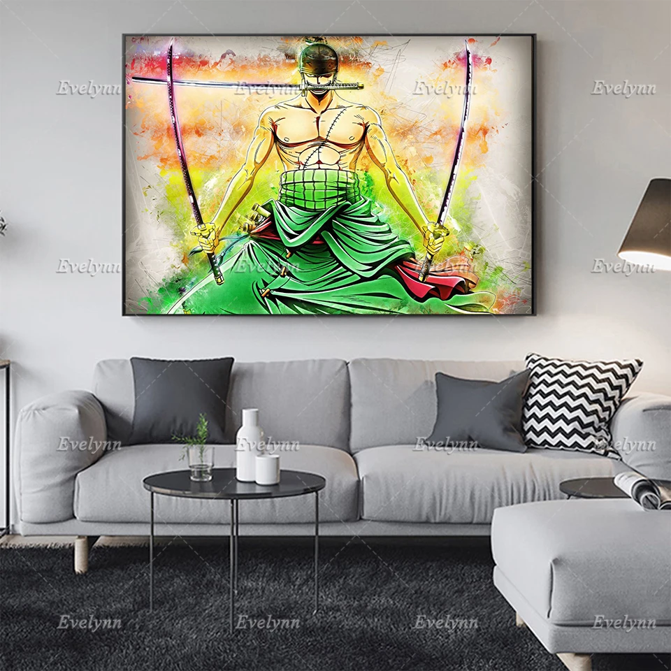 

Nordic Print Modular Pictures Living Room Anime Poster One Piece Zoro Watercolor Wall Art Canvas Painting Floating Frame Decor