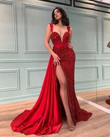 sparkly red sequined evening dresses with detachable train 2021 robe de soiree 2 in 1 mermaid prom party gowns sexy side split