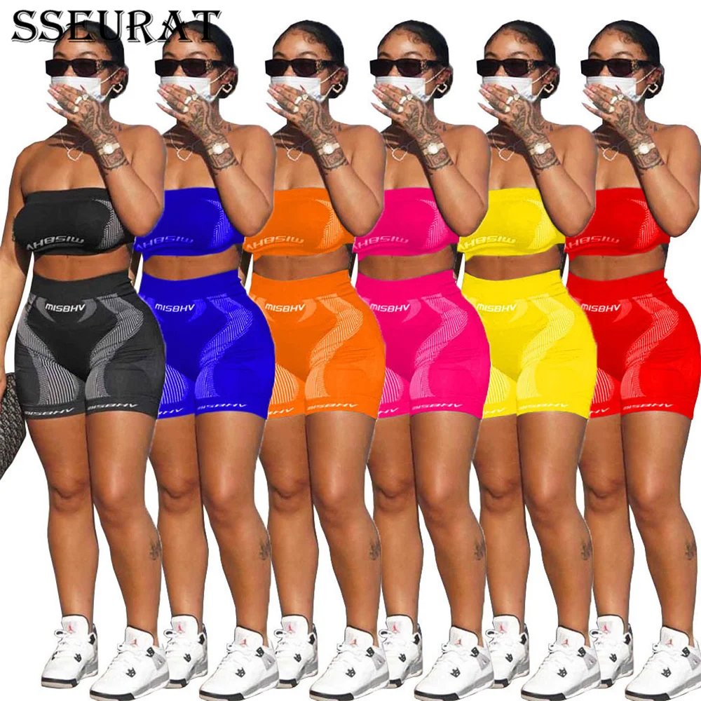 

SSEURAT 2021 Women Two Pieces Sets Summer Tracksuits Strapless Tee +Jogger Shorts Leggings Sexy Suit Fitness Outfit