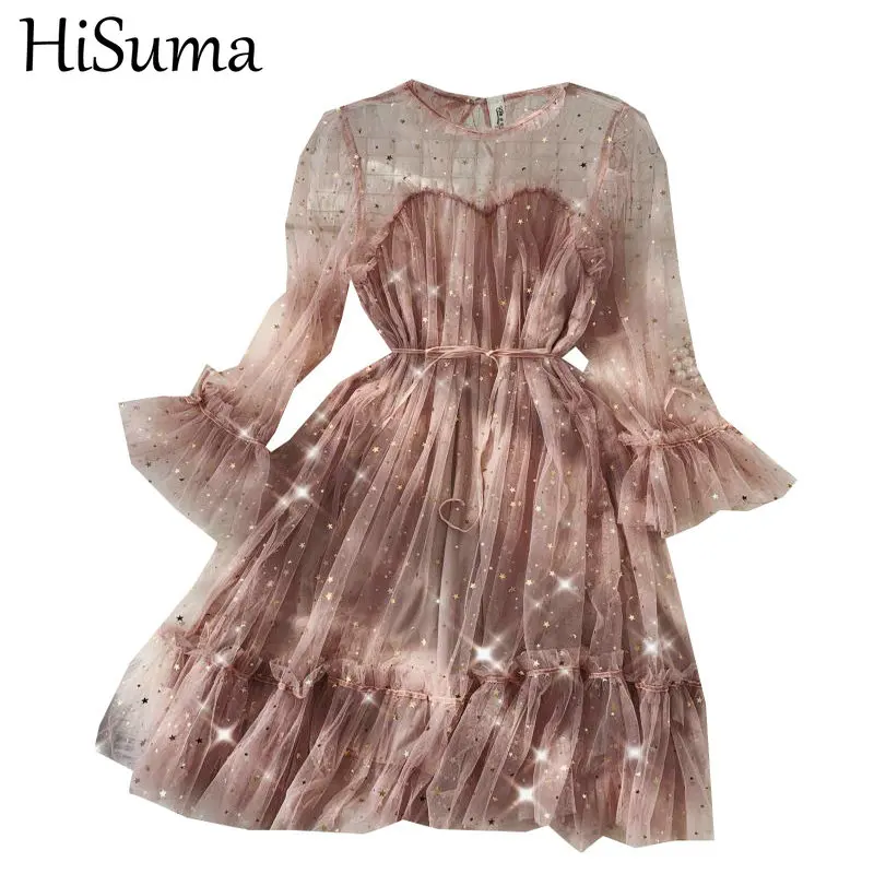 HISUMA весенне осеннее женское платье с расклешенными рукавами блестящими звездами