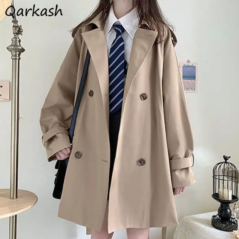 

Trench Women Double Breasted Loose England Style Preppy Vintage All-match Elegant Femme Classic Outwear Popular Simple Casual