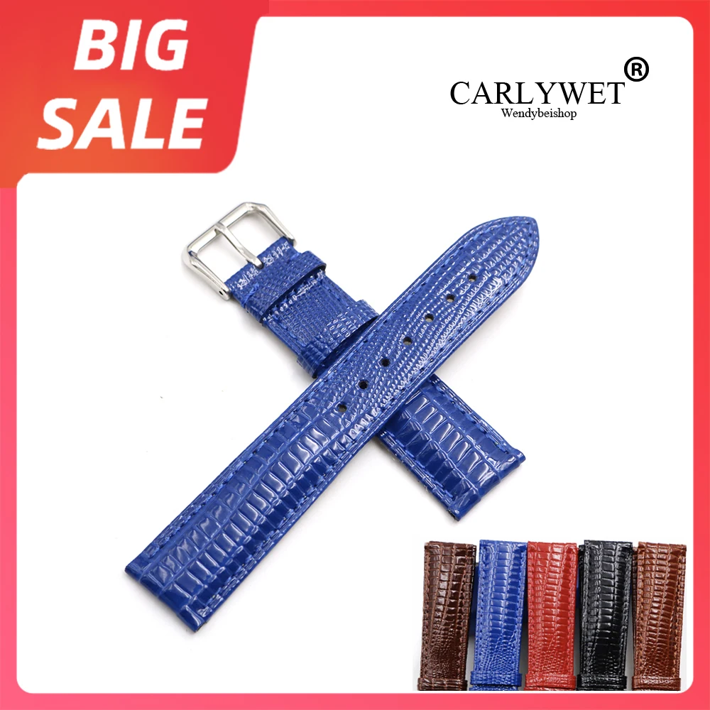 

CARLYWET 18 20 22mm Blue Real Leather Lizard Grain Watch Band For Tag Heuer Omega Montblanc Panerai Rolex Tissot IWC Breitling