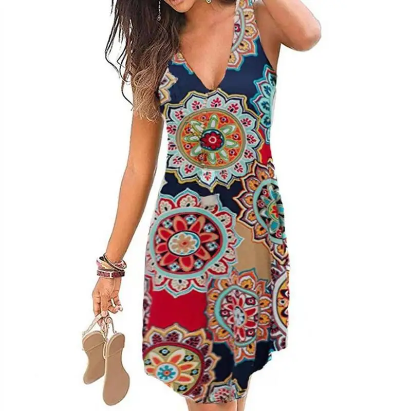

Women's Summer Beach Boho Dress Flowery Print Plus 5XL Sleeveless V-neck Loose Dress A-Line Knee-Length Size Women Robes Dr L2G1