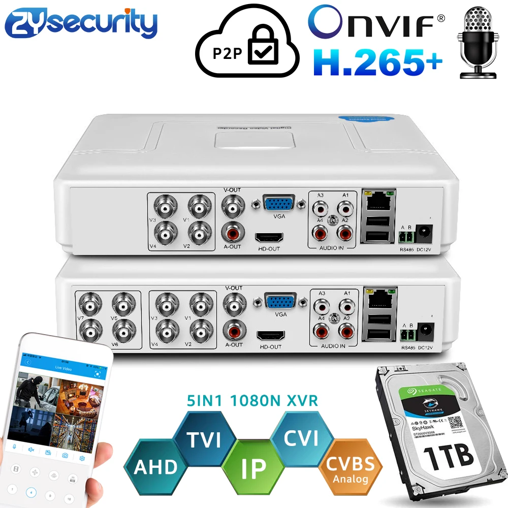 

H.264 Onvif 4Channel 8Ch CCTV Hybrid DVR 1080N 5IN1 Recorder for AHD Camera TVI CVI Analog Camera Mini NVR For IP Camera PTZ