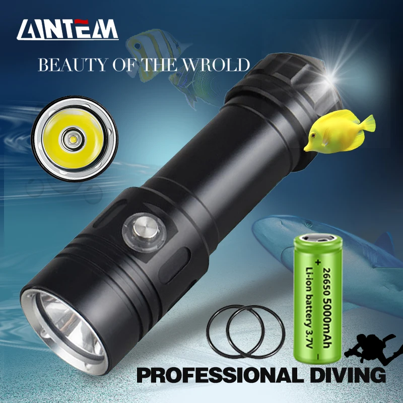 

IPX8 Waterproof Underwater Lantern 100M XM-L2 LED Scuba Diving Flashlight Power 5000LM 4Mode Dive Light By 5000mAh 26650 battery