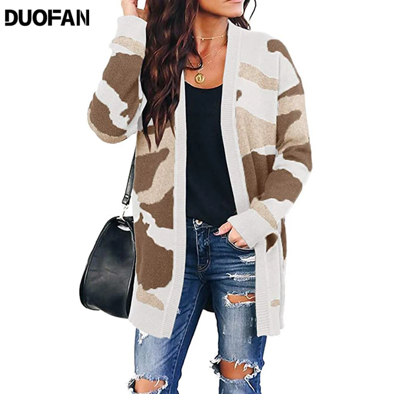 

Осенний Камуфляжный женский кардиган DUOFAN, длинный свитер контрастных цветов без пуговиц с V-образным вырезом, женские вязаные кардиганы средней длины